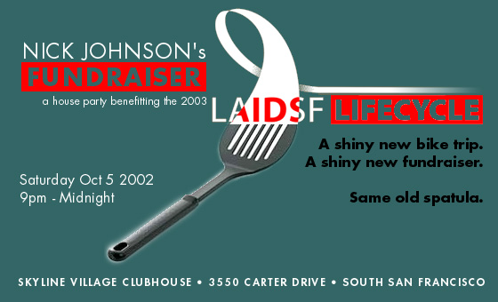 Nick Johnson's AIDS/Lifecycle fundraiser party; Saturday Oct 5,  9pm-Midnight